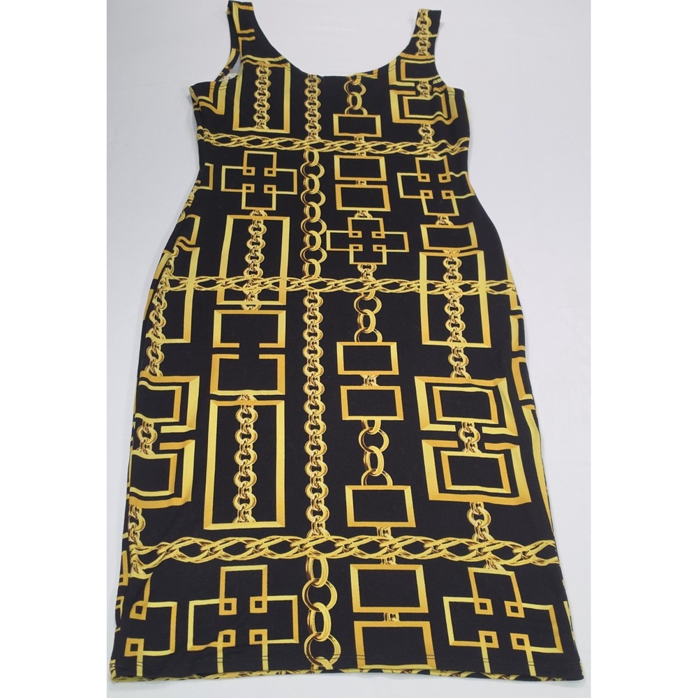 Love J Sleeveless Stretch Dress Women's Size Medium Black Gold Chain Print